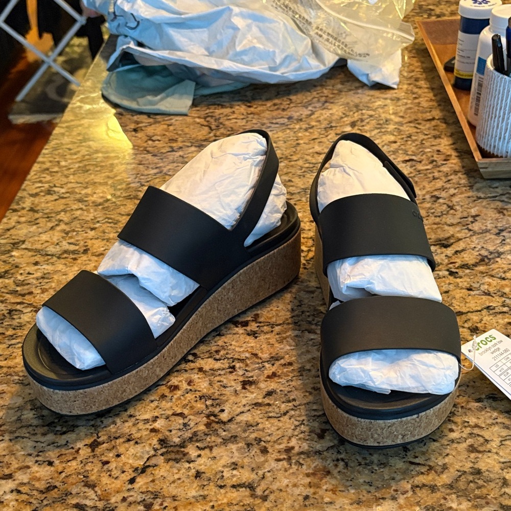 CROCS Black Dual-Strap Platform Sandals with Cork-Look Sole